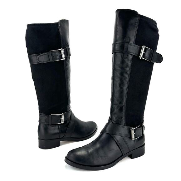 Cole Haan Whitley Black Riding Tall Boot Sz 6.5 Leather & Stretchy Suede Pull-On - Picture 16 of 16